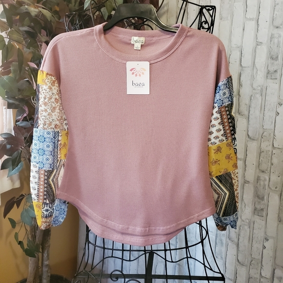 BAEA Boho Mixed Long Sleeve Top Blush Size Small - Picture 4 of 10
